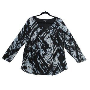 Alfani Womens Plus Size 2X Abstract Print Long-Sleeve Blouse Black & Blue Nylon